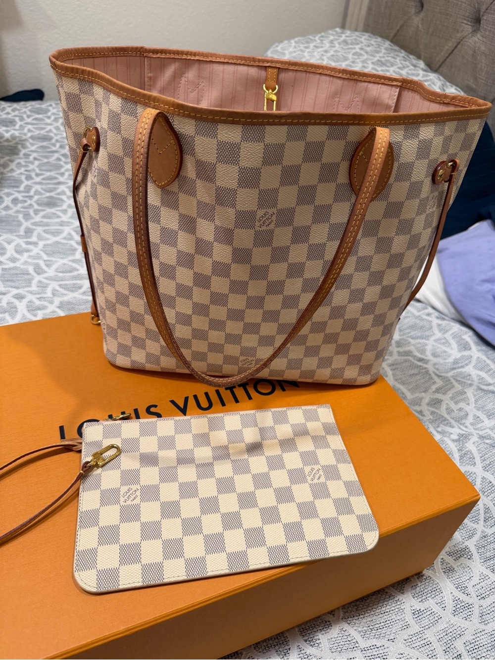 Louis Vuitton Damier Azur Canvas Neverfull MM Tote in Beige with Pink Interior